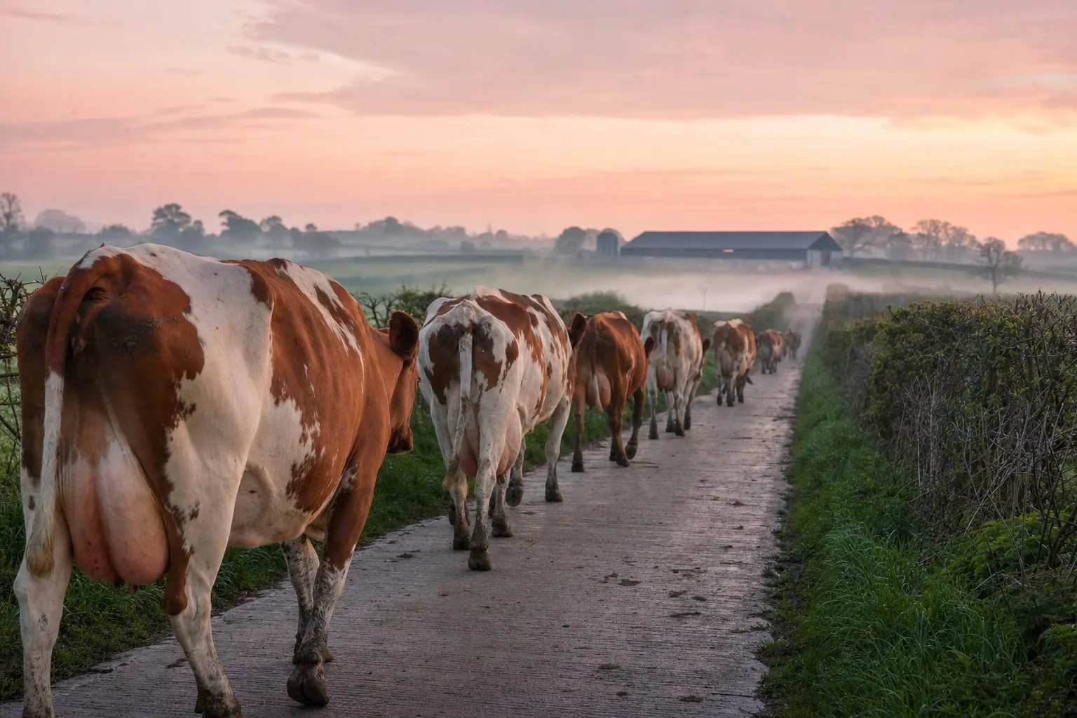 Red and white Ayrshire dairy cows walking a farm track at dawn